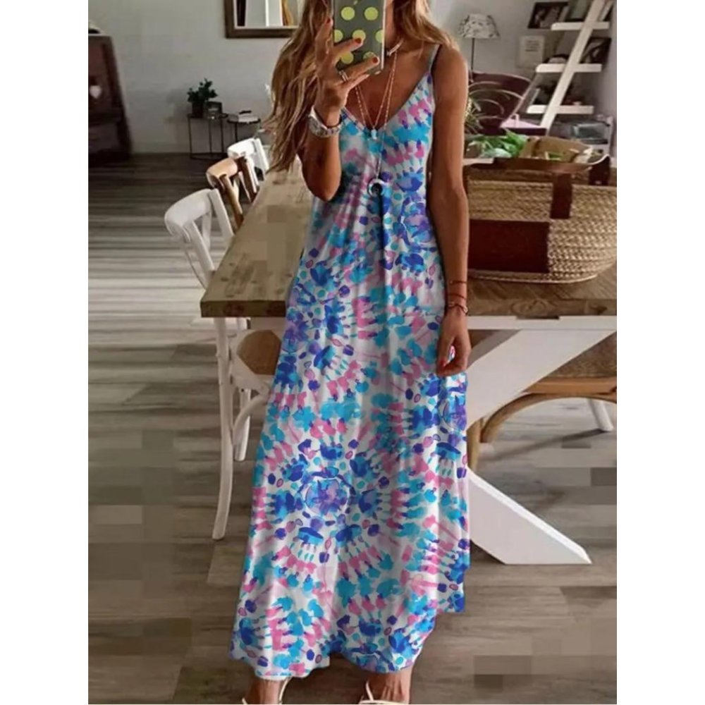 Boho Tie Dye Spaghetti Strap Maxi Dress Blue Pink White
